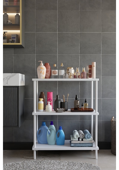 3 Raflı Çevir Tak Beyaz Metal Gövdeli Çok Amaçlı Banyo Rafı Ve Organizer Raf Banyo Dolabı Beyaz