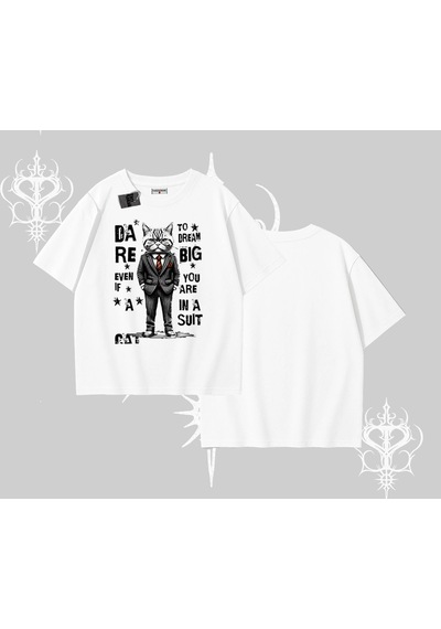 Startmore Startmore Dream Big Yazılı Takım Elbiseli Kedi Baskılı Oversize Tshirt Beyaz