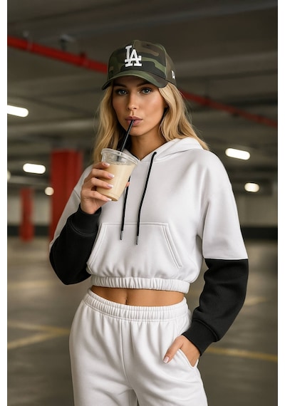 Kadın Kapüşonlu Cepli Siyah-beyaz Crop Sweatshirt Beyaz