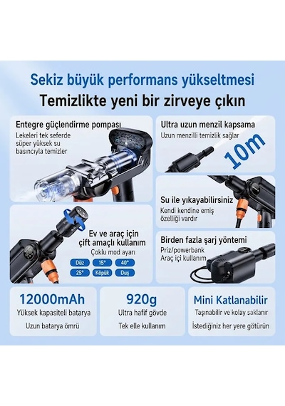 Ezere Turbowash Şarjlı 60 Bar Yüksek Basınçlı Oto Araba Bahçe Yıkama Ve Temizleme Tabancası Makinesi- 5775