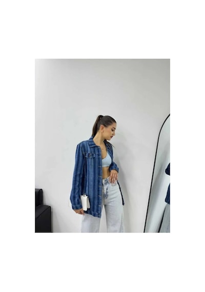Kene Jeans Çizgili Boyfriend Tam Kalıp Ceket Mavi