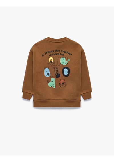 Koton Hayvan Baskılı Şardonlu Bisiklet Yaka Uzun Kollu Sweatshirt Kahverengi 7wmb10118tk Kahve