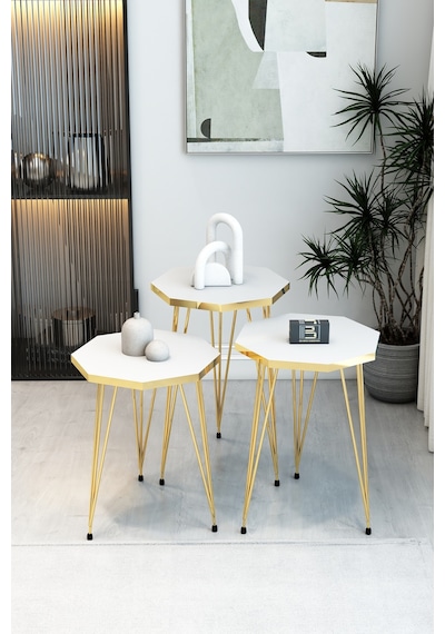 3'lü Sekizgen Zigon Sehpa Seti - Gold Metal Ayaklı, Modern & Şık Yan Sehpa, Dayanıklı Salon Ofis Beyaz