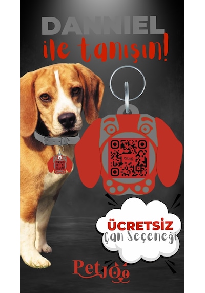 Petjoo 21.Danniel Kırmızı-Gri Qr'lı Köpek Künyesi