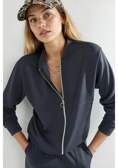 Fiolin Modal Dokulu Fermuarlı Sweatshirt & Nervürlü Pantolon Takımı Füme