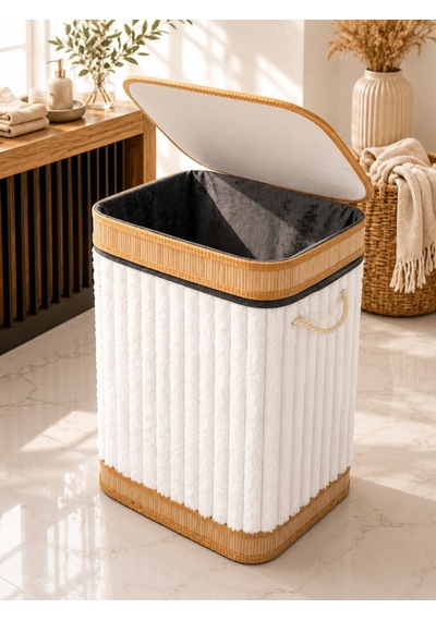 Bambu Üzeri Peluş Kaplama Çamaşır Sepeti - Beyaz-7498 Çok Renkli