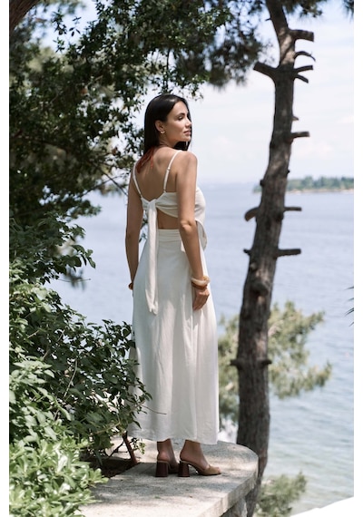 Mai Collection Mai Studios Co. Kita Üçgen Detay Çizgili Ekru Keten Crop Ekru