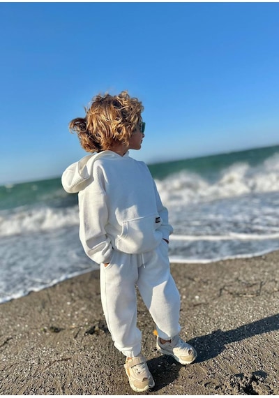 Lolliboomkids Yeni Sezon Petek /waffle Kumaş Oversize Kapüşonlu Alt Üst Eşofman Takımı Beyaz Renk