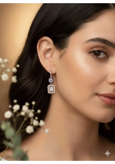 925 Ayar Papatya Silver Baget Taşlı Nazar Küpe.rose.gold.rodaj Gümüş