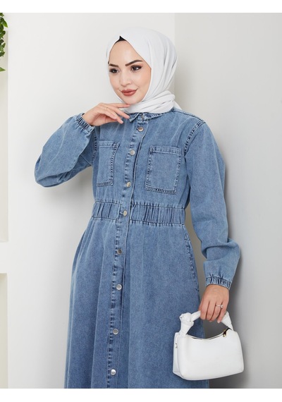 Hb Harma Time Butik Kadın Belden Lastikli Cep Detaylı Kot Mavi Elbise