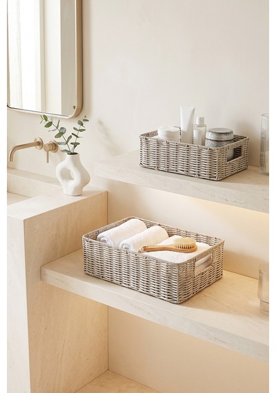 Ocean Home Textile 2'li Yıkanabilir Gri Pp Rattan Sepet Set 30 X 20 X 11 / 36 X 26 X 12 Cm