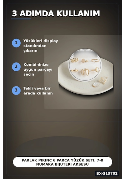 Parlak Pirinç 6 Parça Yüzük Seti, 7-8 Numara Bijuteri Aksesuar Hediyelik Bx-313702 Çok Renkli