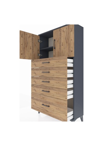 Arges Dolap 2 Raflı 5 Çekmeceli 2 Kapaklı 88x30x163 Antrasit-çam Antrasit