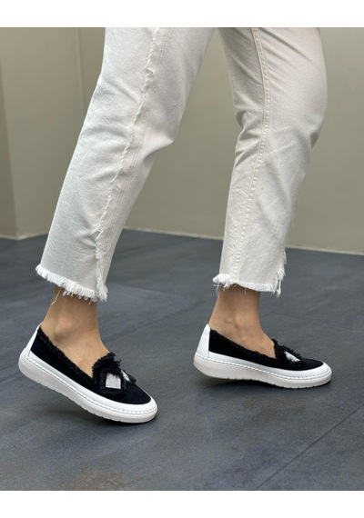 Siyah Renk Taşlı Düz Taban Kadın Kot Sneakers Siyah