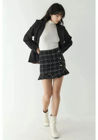 Hiccup Düğme Detaylı Tüvit Volanlı Mini Etek Siyah