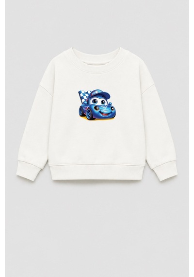 Monila Erkek Çocuk 3 İplik Kumaş Araba Baskılı Pamuklu Sweatshirt Ekru