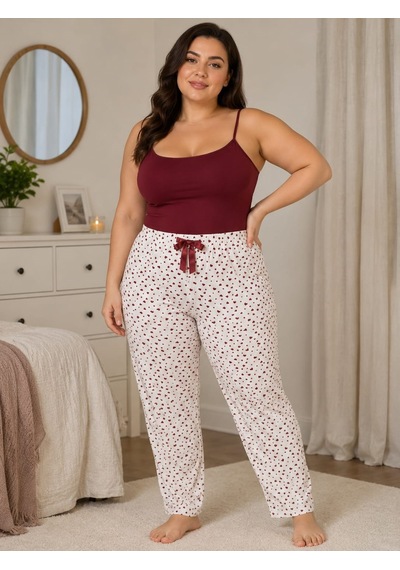 Kadın Büyük Beden Desenli Milan Tek Alt Pijama Beyaz