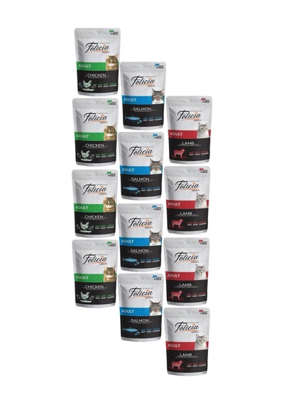 Felicia Tahılsız Somon - Kuzu - Tavuklu Yetişkin Kedi Maması 12 x 85 G