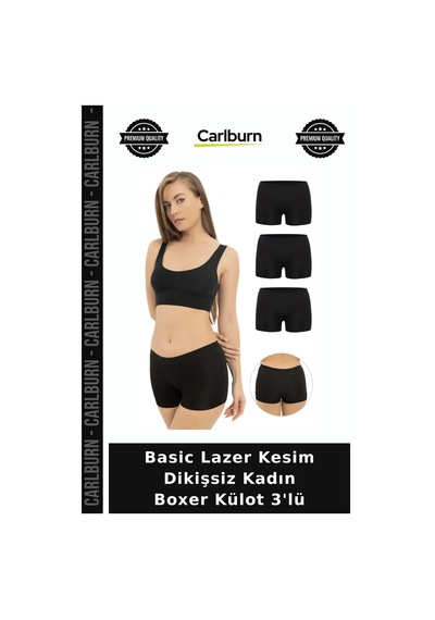 Carlburn Özel Üretim Basic Lazer Kesim Dikişsiz Kadın Boxer Külot 3'lü Temel Giyim Pantolon Altı Gece Giysisi Siyah