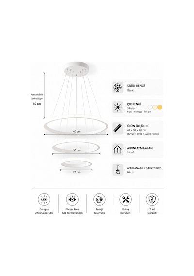 Rizon 3 Lü Led Sarkıt Avize 3 Renk Kumandalı Beyaz
