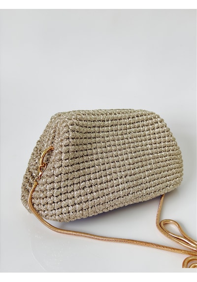 Metalik Light Gold El Örgüsü Kadın Clutch Çanta Şık Davet Ve Abiye Çantası Açık Altın