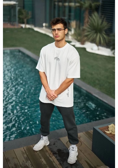Erkek Kısa Kol Tişört Bisiklet Yaka Filistin Poşulu Baskılı T-shirt - Beyaz