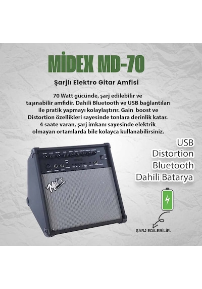 Midex Md-70 Dijital Davul Elektronik Bateri Amfisi Şarjlı 70w Bluetooth Usb Aux