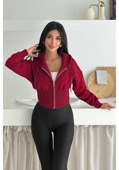 Kadın Siyah Fermuarlı Hoodie Minimal Sokak Ruhuyla Bordo