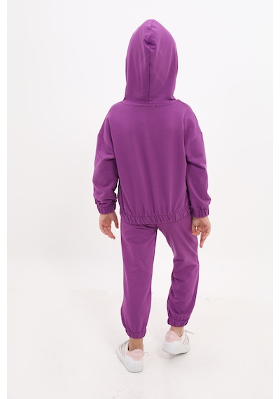 Toontoy Kids Kız Çocuk 2'li Takım Kapüşonlu Fermuarlı Sweatshirt & Beli Paçası Lastikli Jogger Eşofman Altı - 2 İplik Mor