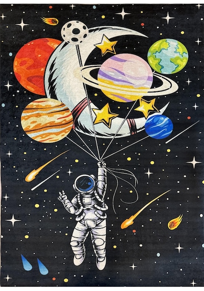 Çocuk Odası Halısı Astronot Uzay Desenli Siyah Dijital Baskı Kaymaz Makinede Yıkanabilir Oyun Halı Siyah