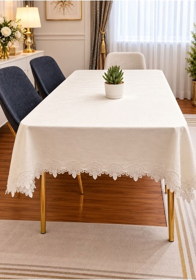 Home Fransız Dantelli Linen Kumaştan Lüks Masa Örtüsü