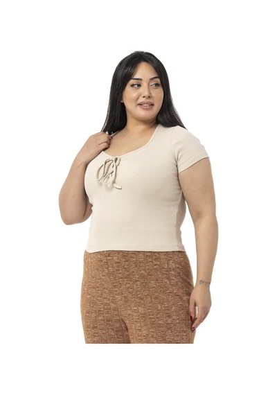 Disentis Büyük Beden Yarım Kollu Göğüste Bağcık Detaylı Kaşkorse Bej Rengi Body-bej Bej