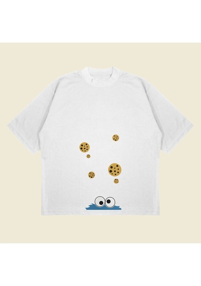Startmore Cookie Monster Baskılı Oversize Unisex Pamuklu Nefes Alan Kalın Kumaşlı Beyaz