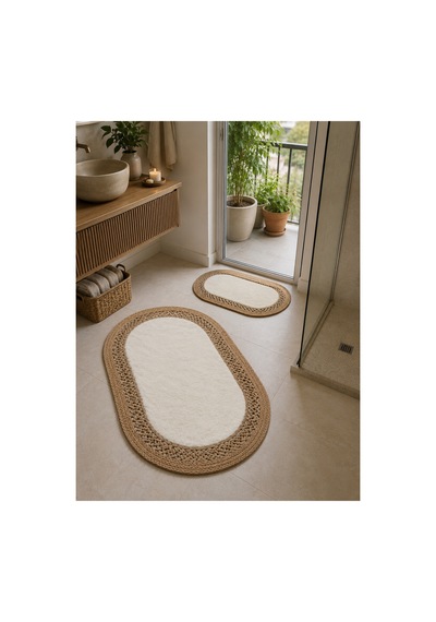 Oval Örgü Desenli Pelüş Detaylı 2'li Kahverengi Hasır Dekoratif Paspas 60x100 / 50x60 Kahverengi Kahverengi