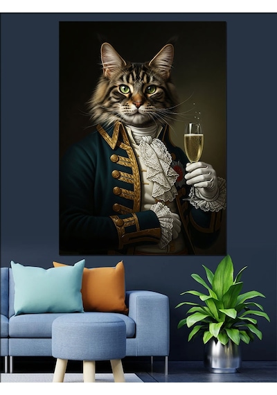 Ahşap Tablo Şampanya İçen Aristokrat Kedi