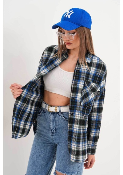 Polologin Butik Kadın Oduncu Çift Cepli Mavi Siyah Spor Kesim Gömlek Lacivert