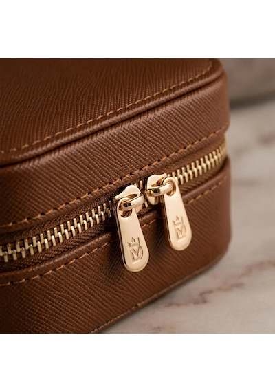 Takı Kutusu Düzenleyici Seyahat Çantası Kolye Yüzük Küpe Organizer Deri Kahverengi 10cmx10cm