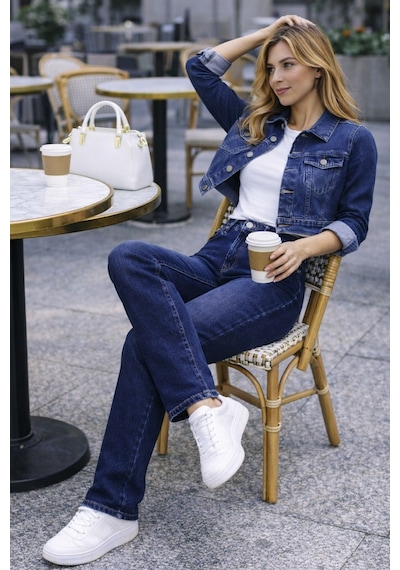 Cedy Denim Kadın Boru Paça Yüksek Bel Regular Fit Likralı Pantolon Mavi