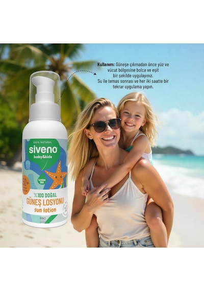 Siveno %100 Doğal Çocuk Güneş Losyonu Leke Karşıtı Nemlendirici Bitkisel Vegan UVA UVB SPF 50+ 100 ml