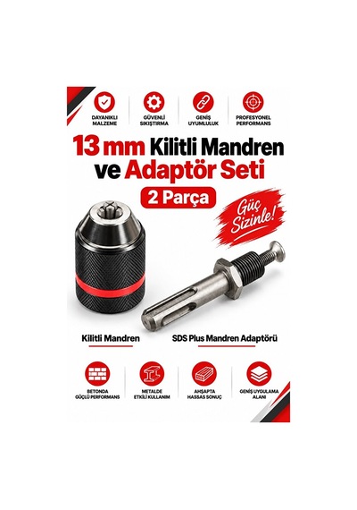 13 Mm Kilitli Mandren Ve Sds Plus Mandren Adaptörü 2 Parça Matkap