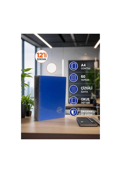 Pp Kapak Spiralli 60 Yaprak A4 Çizgili 12 Adet Defter Çok Renkli