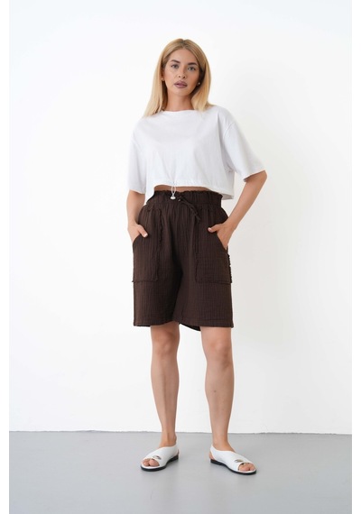 The Voler Müslin Şort Kadın Yüksek Bel Oversize Rahat Kesim Cepli %100 Pamuklu Yazlık Şort Kahverengi The Voler Müslin Şort Kadın Yüksek Bel Oversize Rahat Kesim Cepli %100 Pamuklu Yazlık Şort Kahverengi