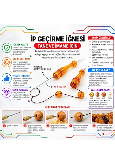 Tesbih Tane Ve İmame Ye İp Geçirme İğnesi -1 Paket - 1 Adet İşleme Ekipmanı Metalik