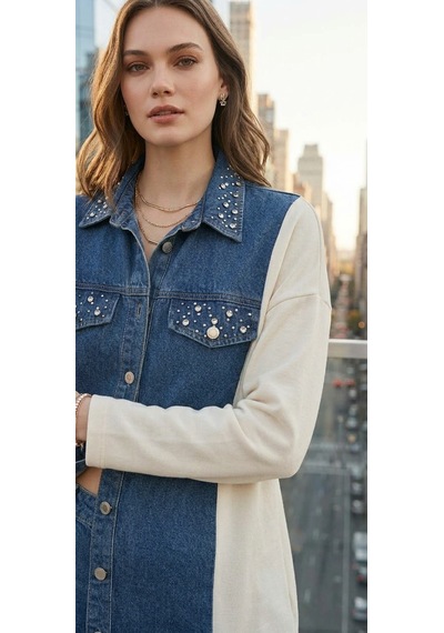 Stormwear Çift Kumaş Detaylı Taşlı Denim Gömlek Beyaz