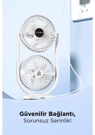 Torima F-22 Beyaz Mini Fan Taşınabilir Çift Başlıklı Sessiz Vantilatör Type-c Girişli, 3 Kademeli Hız Ayarı