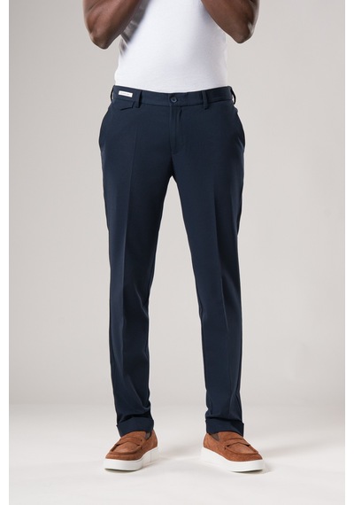 Ecer Slimfit Beli Yarım Lastikli Likralı Duble Paça Yazlık Kumaş Pantolon Lacivert