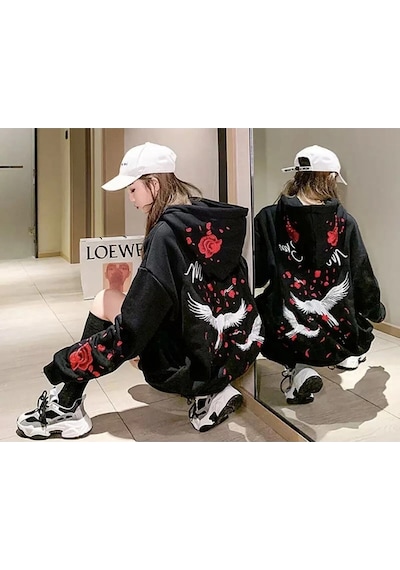 Tarzsokak Özel Tasarım Kapüşonlu Fermuarlı Red Rose Baskılı Süper Oversize Kadın Ceket-sweats Beyaz Siyah