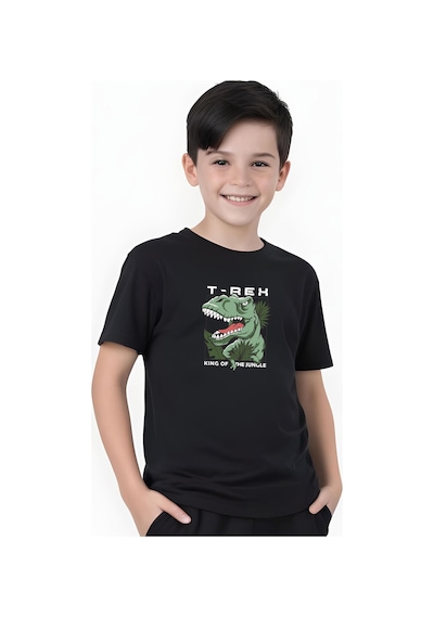 Panios Kids T-rex Baskılı Erkek Çocuk Kısa Kollu Tişört Siyah