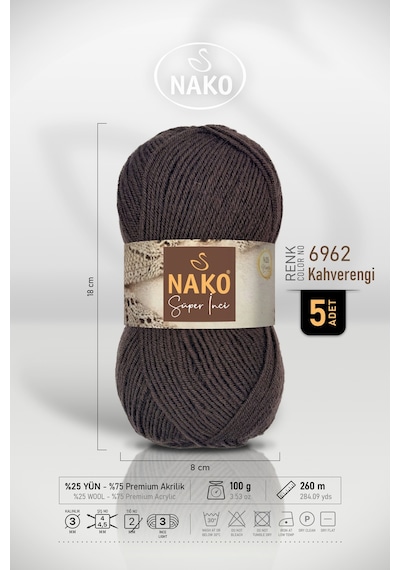 Süper İnci - 6962 Kahverengi - 5'li Paket - 100gr/260m - El Örgü İpi - Atkı Yelek Kazak İpi
