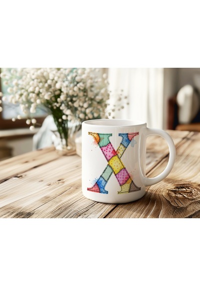 X Harfi Renkli Yamalı Tasarım Kupa Bardak - Bohem Patchwork Desenli Kupa - Etnik Hediyelik Beyaz